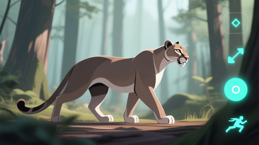 A sleek, stylized cougar in a forest environment, viewed from a third-person perspective. On-screen, subtle, glowing icons overlay the scene indicating basic controls: a stick for movement, a button for crouch, and another for sprint. Minimalist UI, soft natural lighting. high quality illustration, detailed, 16:9