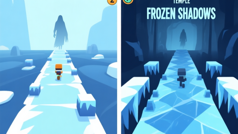 自动生成图片: A side-by-side comparison of a normal Temple Run 2 path and a 'Frozen Shadows' path, showing icy textures, low-contrast obstacles, and a faint shadowy figure in the background, minimalist game illustration style, cool blue color palette high quality illustration, detailed, 16:9