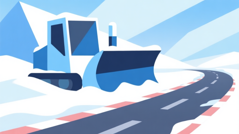 自动生成图片: Abstract geometric composition with overlapping shapes in blue and white, representing a snow plow blade and a racing track, soft pastel colors, modern minimal style, professional game concept illustration high quality illustration, detailed, 16:9