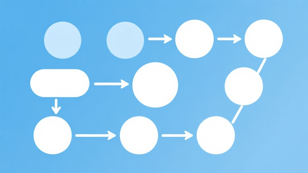Simple flowchart illustration with connected circles and arrows, light blue and white color scheme, clean minimal design, business presentation style high quality illustration, detailed, 16:9