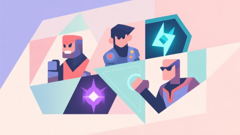 自动生成图片: Abstract geometric composition with overlapping shapes representing different game characters and abilities, soft pastel colors, modern minimal style, professional gaming concept illustration high quality illustration, detailed, 16:9