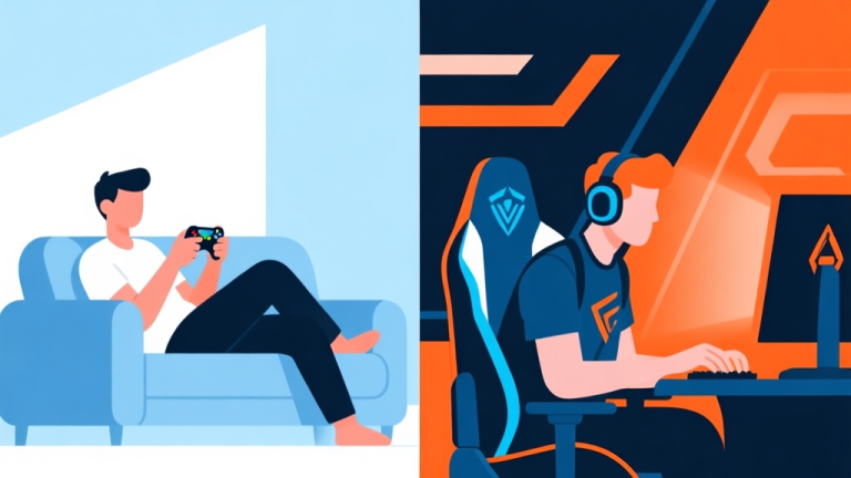 自动生成图片: A split-screen illustration showing a relaxed person playing a mobile game on a couch versus a focused person competing in an esports setting, minimalist style, soft blue and competitive orange color contrast, clean geometric shapes high quality illustration, detailed, 16:9