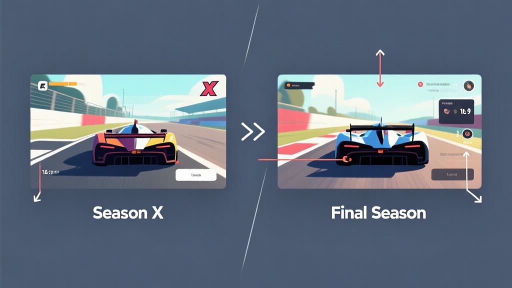 Side-by-side comparison of two racing game screenshots, one labeled "Season X" and the other "Final Season", highlighting visual and UI differences with minimalist arrows and annotations, clean digital art style high quality illustration, detailed, 16:9