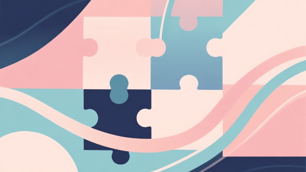 Abstract geometric composition with overlapping shapes in soft pastel colors, representing puzzle pieces and flowing lines, modern minimal style, professional game concept illustration high quality illustration, detailed, 16:9