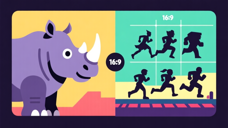 自动生成图片: A split-screen illustration showing a stylized rhinoceros character on one side and abstract silhouettes of other runner game characters on the other, connected by a comparison chart in the middle, minimalist design with a vibrant game color palette high quality illustration, detailed, 16:9