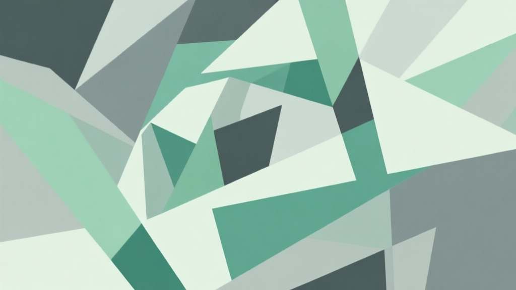 Abstract geometric composition with overlapping shapes representing strategy and chaos, soft muted green and grey color scheme, modern minimal style, professional gaming concept illustration high quality illustration, detailed, 16:9