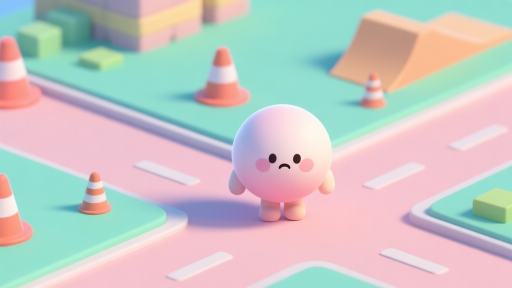 A cute, stylized sweet ball character hesitating at a crossroad in a colorful game level, with simple obstacles like small cones and ramps in the background, minimalist 3D game art style, soft pastel colors high quality illustration, detailed, 16:9