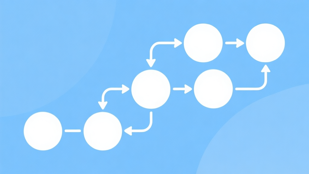 Simple flowchart illustration with connected circles and arrows, light blue and white color scheme, clean minimal design, business presentation style high quality illustration, detailed, 16:9