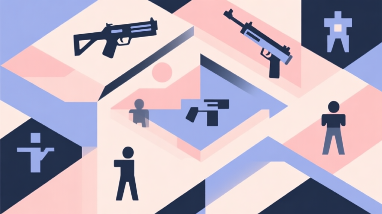 自动生成图片: Abstract geometric composition with overlapping shapes representing game elements like weapons, zones, and players, soft pastel colors, modern minimal style, professional gaming concept illustration high quality illustration, detailed, 16:9