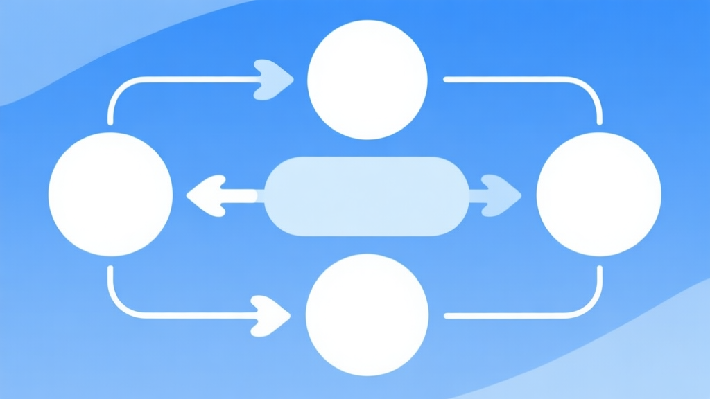 Simple flowchart illustration with connected circles and arrows, light blue and white color scheme, clean minimal design, business presentation style high quality illustration, detailed, 16:9