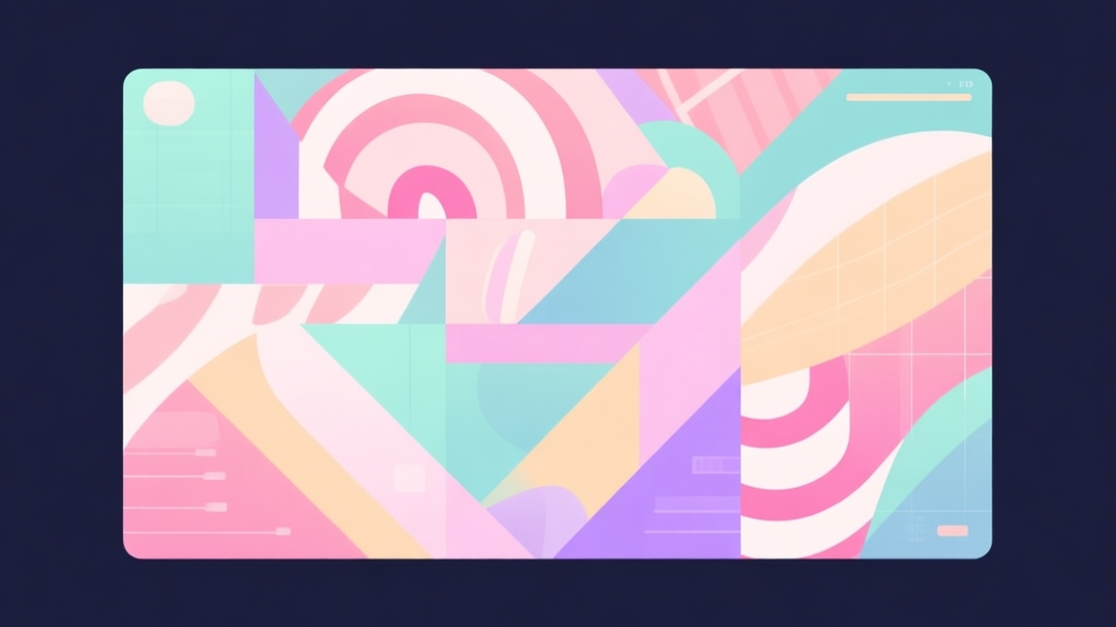 Abstract geometric composition with overlapping shapes in candy-like pastel colors, modern minimal style, professional game analysis concept illustration high quality illustration, detailed, 16:9