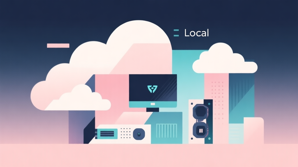 Abstract geometric composition with overlapping shapes representing cloud and local hardware, soft pastel colors, modern minimal style, professional gaming technology concept illustration high quality illustration, detailed, 16:9