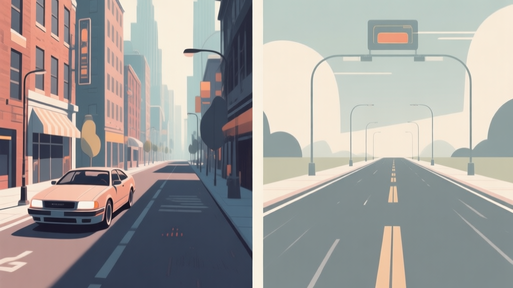 Split-screen illustration contrasting a detailed city street with realistic car physics on one side and an arcade-style empty road on the other, using a muted color palette, clean lines, and abstract visual cues for realism factors high quality illustration, detailed, 16:9