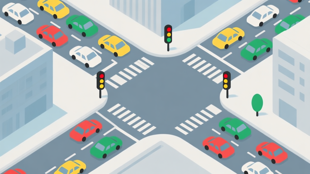 A top-down minimalist view of a complex city intersection with multiple lanes, simple car icons in gridlock, traffic light signals in red, yellow, and green, soft grey and blue color palette, clean infographic style high quality illustration, detailed, 16:9