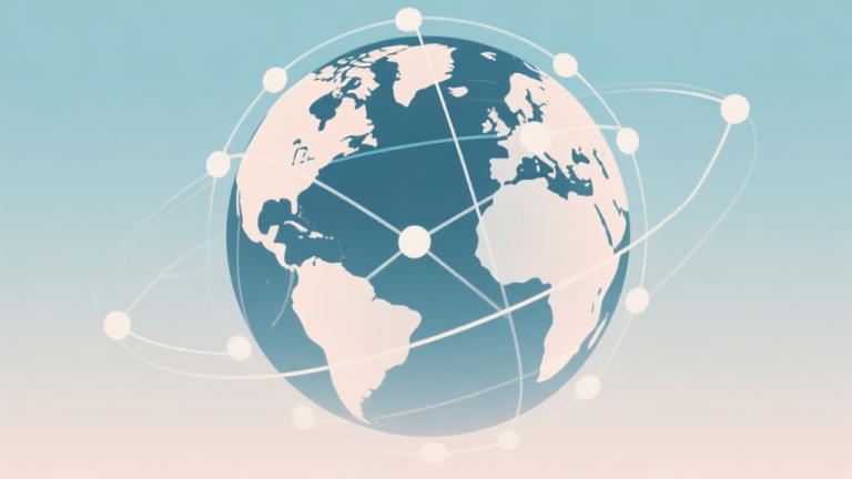 自动生成图片: Abstract network nodes connected by lines across a globe, soft color scheme, clean minimal illustration, modern digital concept of time synchronization error high quality illustration, detailed, 16:9