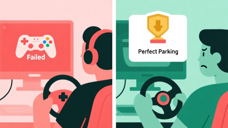 自动生成图片: Split-screen illustration showing a frustrated gamer on one side with a "Failed" screen, and a calm, skilled gamer on the other side with a "Perfect Parking" achievement pop-up. Minimalist style, using game controller and steering wheel icons, soft red and green color contrast, clean lines high quality illustration, detailed, 16:9