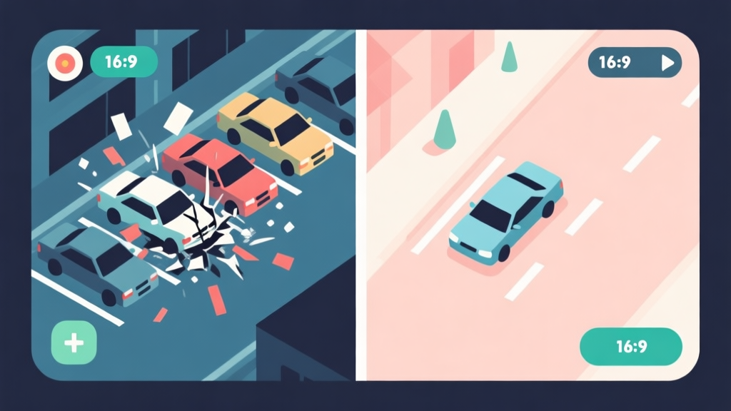 Split-screen illustration showing a chaotic, failed parking attempt on one side (with exaggerated angles and collisions) versus a perfectly executed parallel park on the other, using clean geometric shapes and a soft color palette, minimalist game UI concept high quality illustration, detailed, 16:9