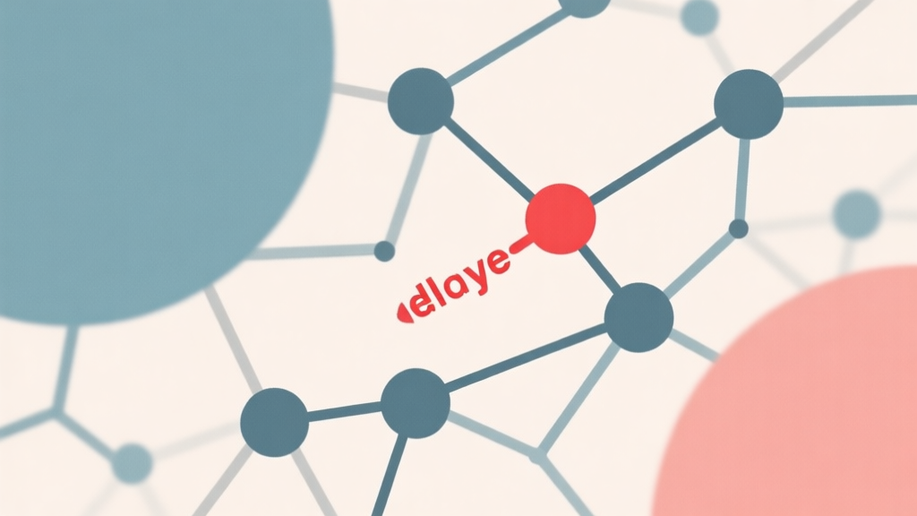 Abstract network nodes connected by lines with one red delayed connection, soft color scheme, clean minimal illustration of network latency problem high quality illustration, detailed, 16:9