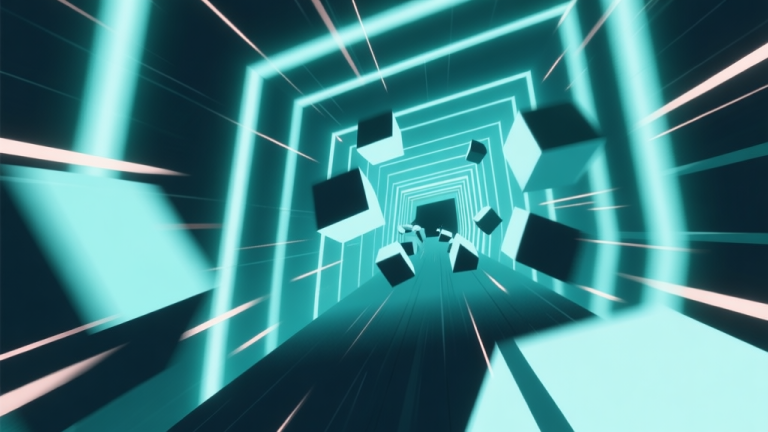 自动生成图片: A first-person view inside a fast-moving neon tunnel with geometric obstacles approaching rapidly, conveying a sense of speed and initial overwhelm, in a minimalist digital art style high quality illustration, detailed, 16:9