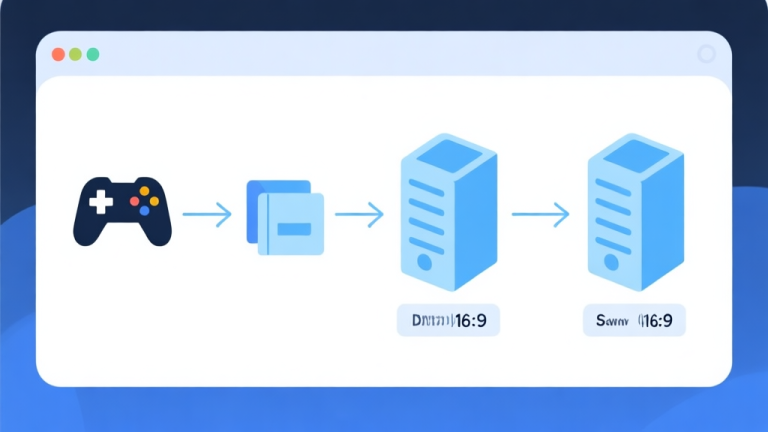 自动生成图片: Simple flowchart illustration showing data packets traveling between a game controller icon and two server icons (one nearby, one far away), with ping time labels, light blue and white color scheme, clean minimal design high quality illustration, detailed, 16:9