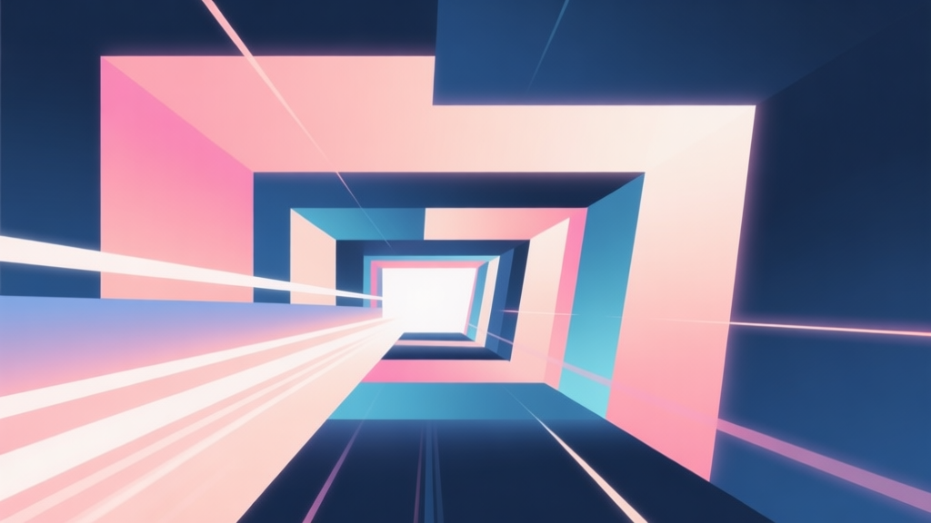 Abstract geometric composition with overlapping shapes in a tunnel-like perspective, soft neon gradient colors, modern minimal style, conveying speed and focus high quality illustration, detailed, 16:9