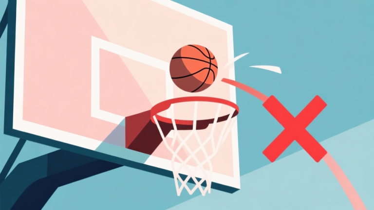 自动生成图片: Abstract geometric composition showing a basketball trajectory hitting the rim and bouncing off, with a red "X" mark, soft pastel colors, modern minimal style, professional game analysis concept illustration high quality illustration, detailed, 16:9