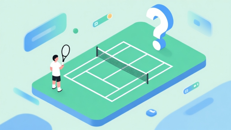 自动生成图片: A minimalist isometric illustration of a tennis court with a simple avatar holding a racket on one side, and a large question mark on the other. Soft green and blue color scheme, clean lines, abstract game UI elements floating around high quality illustration, detailed, 16:9