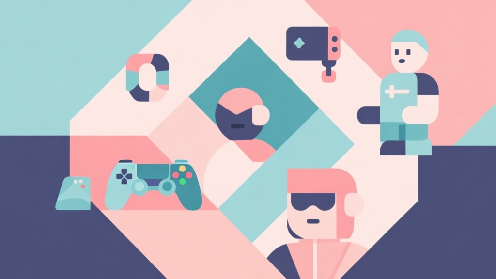 Abstract geometric composition with overlapping shapes representing game characters and equipment, soft pastel colors, modern minimal style, professional game strategy concept illustration high quality illustration, detailed, 16:9