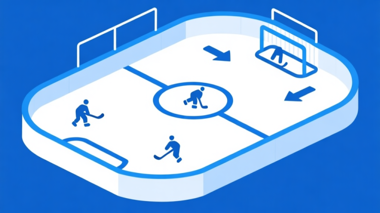 自动生成图片: Simple geometric illustration of a hockey rink with player icons and directional arrows, clean lines, blue and white color scheme, minimalist sports diagram style high quality illustration, detailed, 16:9