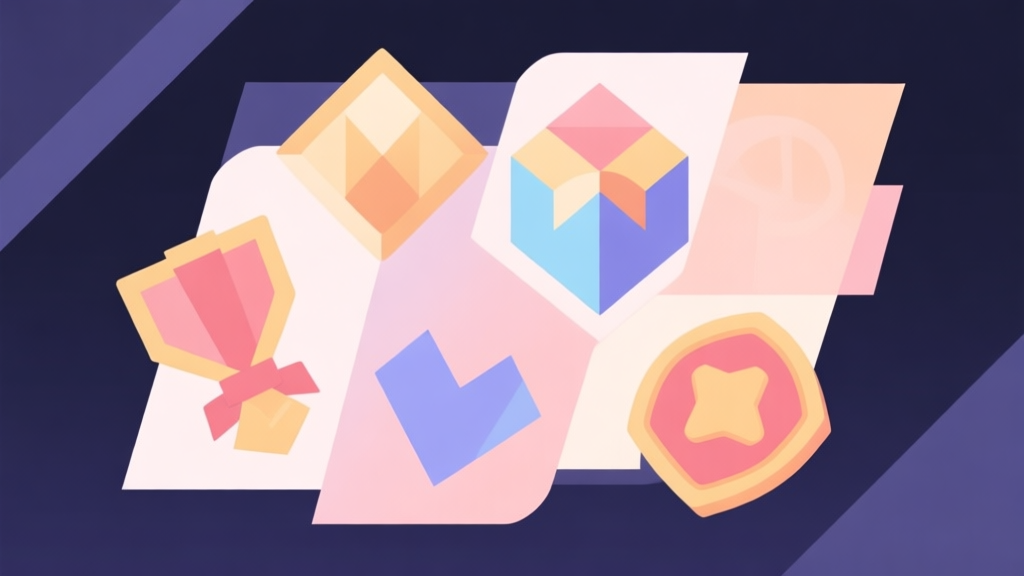 Abstract geometric composition with overlapping shapes representing game items and rewards, soft pastel colors, modern minimal style, professional gaming concept illustration high quality illustration, detailed, 16:9