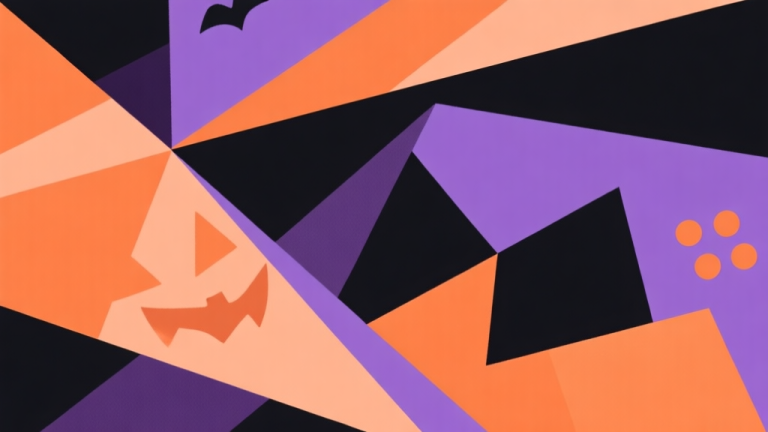 自动生成图片: Abstract geometric composition with overlapping shapes in orange, purple and black, soft pastel colors, modern minimal style, Halloween and gaming concept illustration high quality illustration, detailed, 16:9