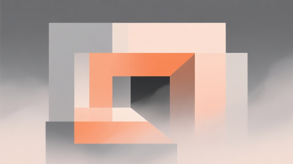 Abstract geometric composition with overlapping shapes in misty gray and orange, soft pastel colors, modern minimal style, professional concept illustration of hidden strategy high quality illustration, detailed, 16:9