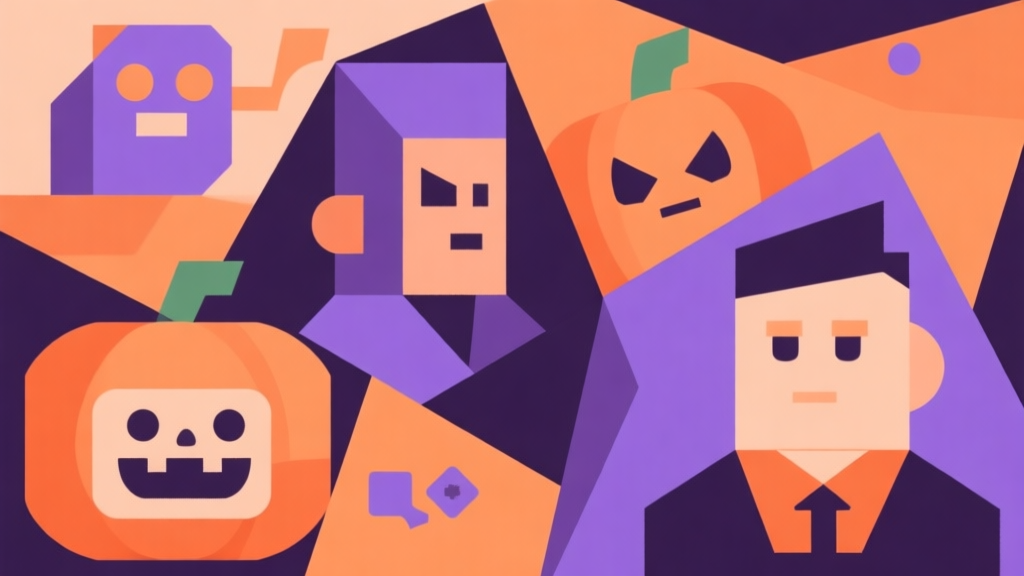 Abstract geometric composition with overlapping shapes representing different game characters, soft orange and purple Halloween color scheme, modern minimal style, professional game analysis concept illustration high quality illustration, detailed, 16:9