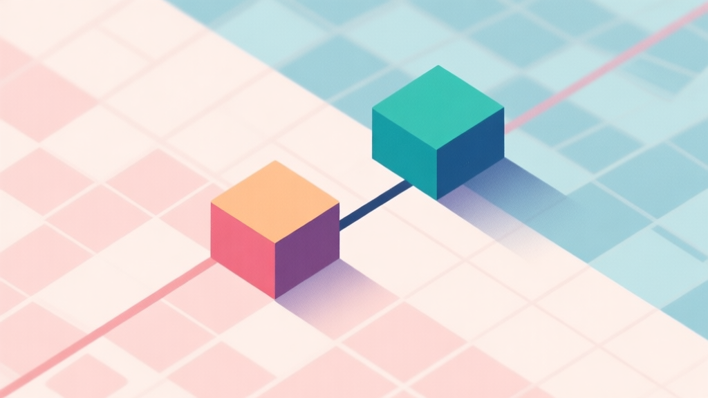 Abstract geometric grid pattern with two contrasting colored pieces forming a line, soft pastel background, clean minimal design, strategic game concept illustration high quality illustration, detailed, 16:9