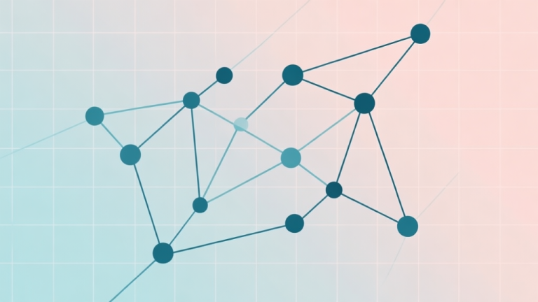 自动生成图片: Abstract geometric composition of connected nodes and lines forming a decisive pattern on a grid, soft pastel colors, modern minimal style, professional strategy concept illustration high quality illustration, detailed, 16:9