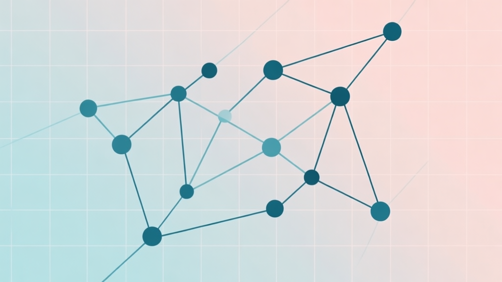 Abstract geometric composition of connected nodes and lines forming a decisive pattern on a grid, soft pastel colors, modern minimal style, professional strategy concept illustration high quality illustration, detailed, 16:9