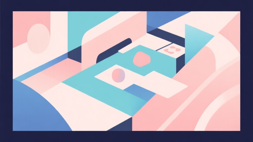 Abstract geometric composition with overlapping shapes representing game strategy, soft pastel colors, modern minimal style, professional gaming concept illustration high quality illustration, detailed, 16:9