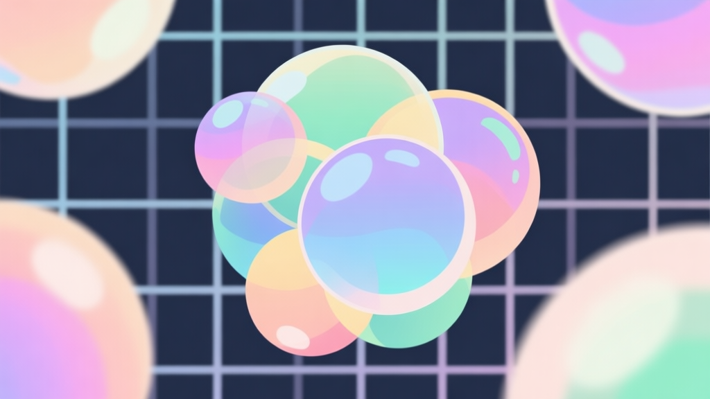Abstract geometric composition with overlapping colorful bubbles trapped in a grid, soft pastel colors, modern minimal style, professional game concept illustration high quality illustration, detailed, 16:9