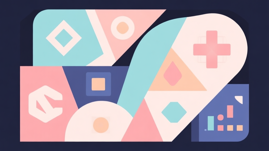Abstract geometric composition with overlapping shapes representing different game genres, soft pastel colors, modern minimal style, professional analysis concept illustration high quality illustration, detailed, 16:9