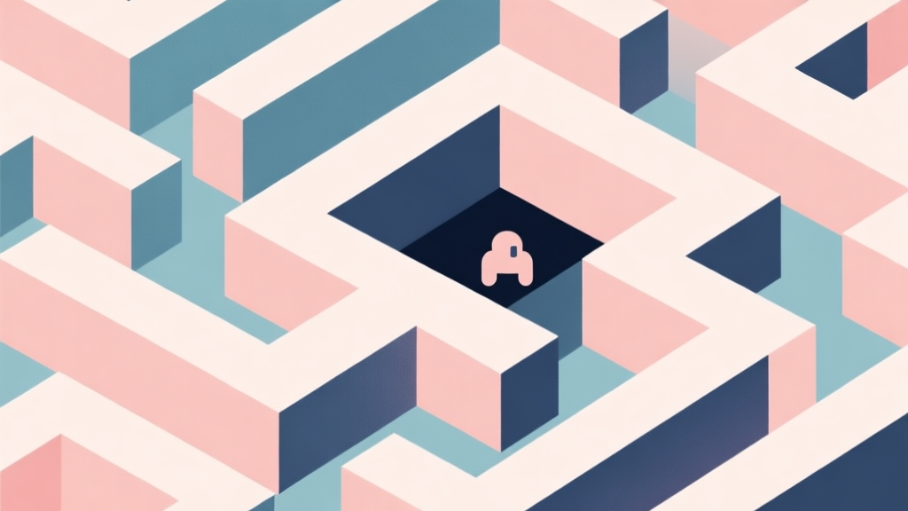 Abstract geometric composition with overlapping shapes in soft pastel colors, one shape trapped in a complex maze, representing a player stuck in a difficult game level, modern minimal style, professional concept illustration high quality illustration, detailed, 16:9