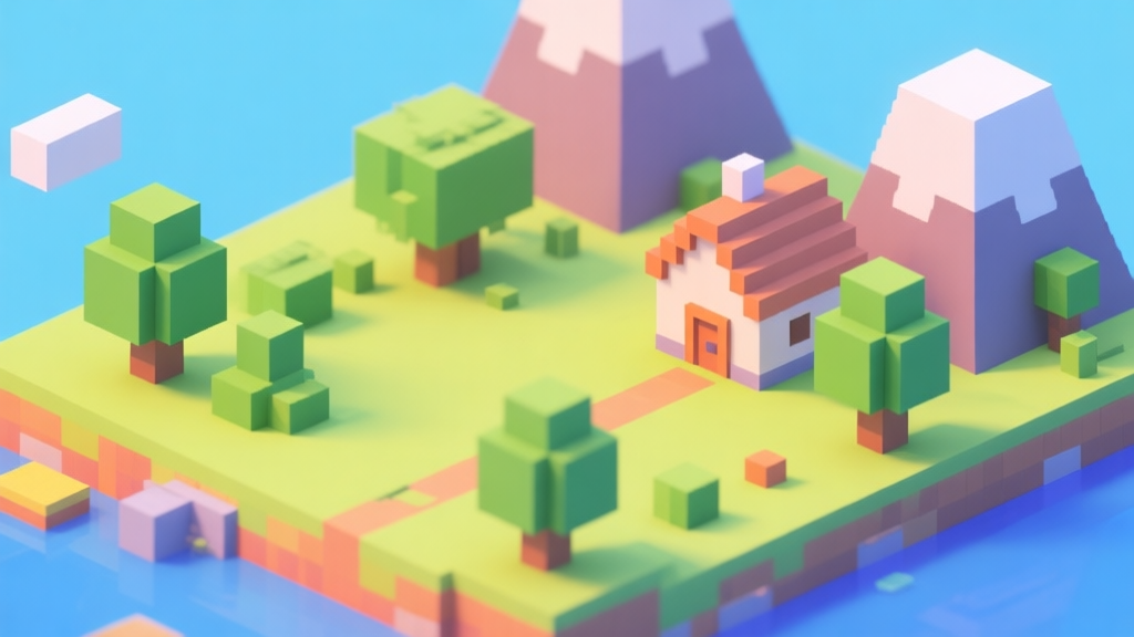 A vibrant, isometric view of a blocky game world showing a simple landscape with cube-based trees, mountains, and a small house, using a bright and friendly color palette, minimalist voxel art style high quality illustration, detailed, 16:9