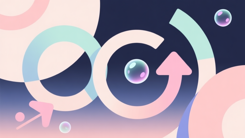 Abstract geometric composition with overlapping circles and arrows in soft pastel colors, modern minimal style, representing bouncing bubbles and game mechanics high quality illustration, detailed, 16:9
