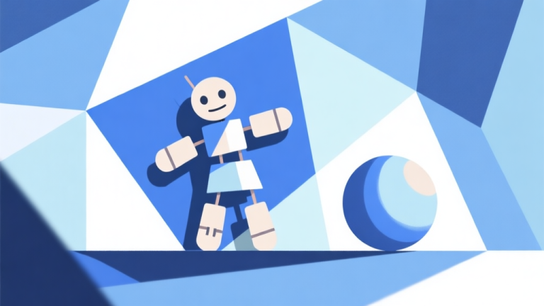 自动生成图片: Abstract geometric composition with overlapping shapes in blue and white, representing a ragdoll figure and a ball, soft pastel colors, modern minimal style, professional game concept illustration high quality illustration, detailed, 16:9