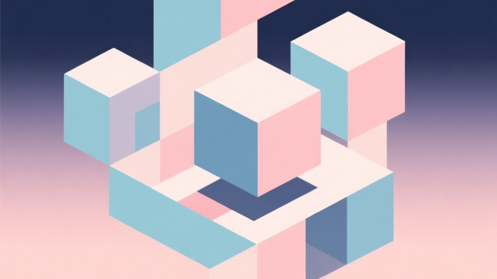 Abstract geometric composition with overlapping cubes and blocks, soft pastel colors, modern minimal style, professional gaming concept illustration high quality illustration, detailed, 16:9