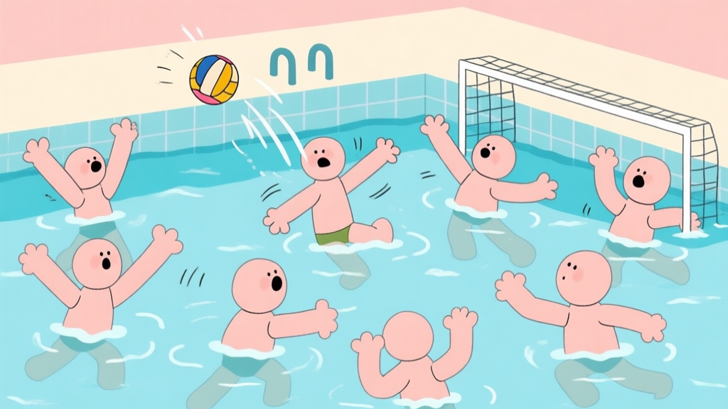 A comical and chaotic illustration of ragdoll water polo players in a pool, limbs flailing, ball flying in an unexpected direction, soft pastel colors, cartoonish minimal style high quality illustration, detailed, 16:9
