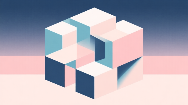 自动生成图片: Abstract geometric composition with overlapping cubes and blocks, soft pastel colors, modern minimal style, professional psychology concept illustration high quality illustration, detailed, 16:9