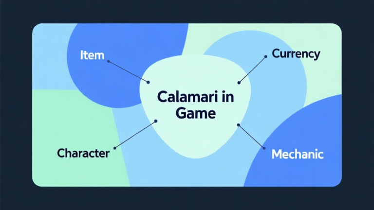 自动生成图片: Abstract geometric composition with overlapping shapes labeled "Item", "Currency", "Character", and "Mechanic", connected by lines to a central shape labeled "Calamari in Game", soft blue and green pastel colors, modern minimal style, professional concept illustration high quality illustration, detailed, 16:9