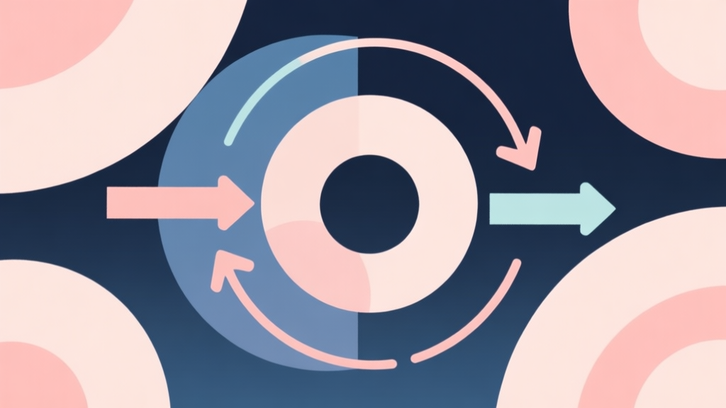 Abstract geometric composition with overlapping circles and arrows showing bounce trajectories, soft pastel colors, modern minimal style, professional game physics concept illustration high quality illustration, detailed, 16:9