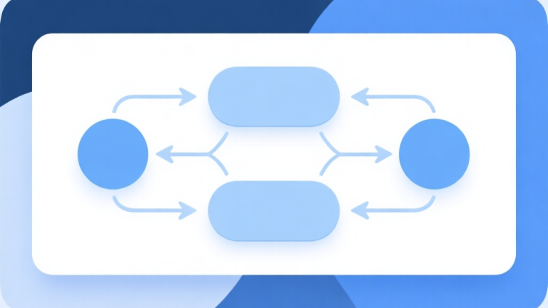 自动生成图片: Simple flowchart illustration with connected circles and arrows, light blue and white color scheme, clean minimal design, business presentation style high quality illustration, detailed, 16:9