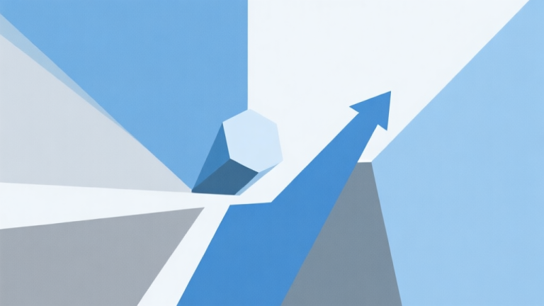 自动生成图片: Abstract geometric composition with overlapping shapes in soft blue and grey, one shape stuck and separated from an upward trend line, clean minimal style, professional concept of stagnation and breakthrough high quality illustration, detailed, 16:9